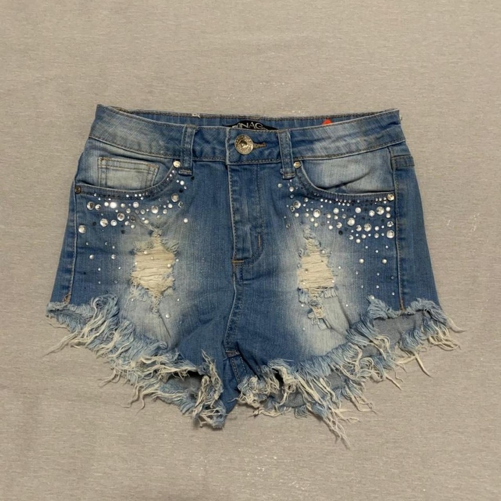 Bonage USA Rhinestone Distressed Frayed Denim Shorts Blue Womens XS Y2K Festival
